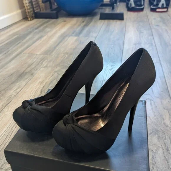 Pleaser Black Satin Heels Gorgeous 28 Platform Stiletto Pumps - Picture 2 of 8